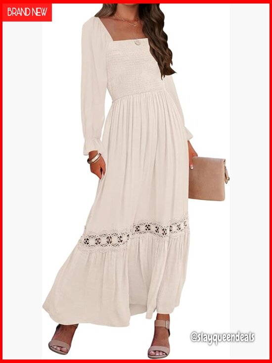 Dresses & Skirts - Boho Square Neck Smocked Maxi Dress with Lace Trim